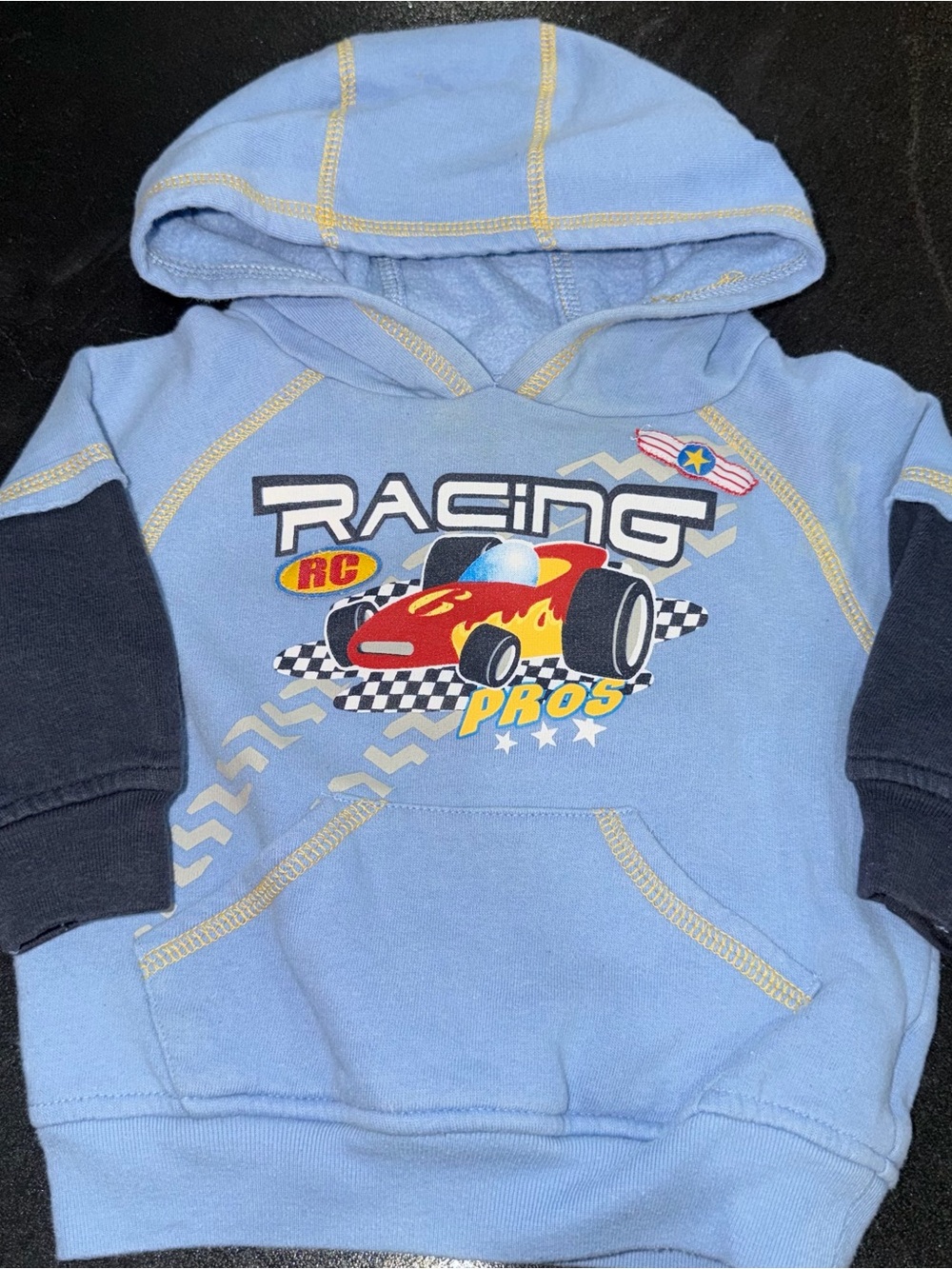 Cat & Jack Light Blue Racing Hoodie with Navy Sleeves and Red Car Graphic